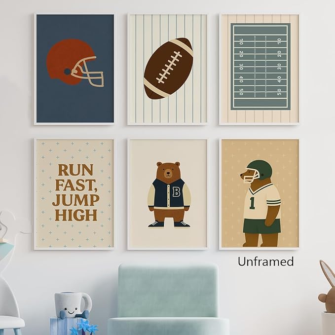 Football Poster Canvas, Baby Boy Sports Nursery Wall Art, Animal Bear Athletes Pictures, Run Fast Jump High Charming Quote Print, Kids Bedroom Soccer Equipment & Field Decor 16x24in Unframed