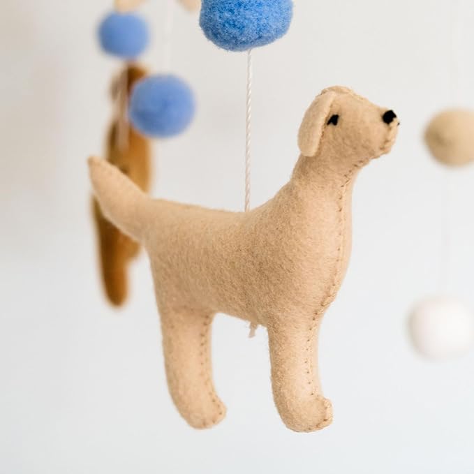 Dog Baby Mobile, Mobile for Crib, Crib Mobile for Boys and Girls, Nursery Mobile for Bassinet, Pack and Play, Dog, Moon, Cloud, Star, Blue Felt Ball