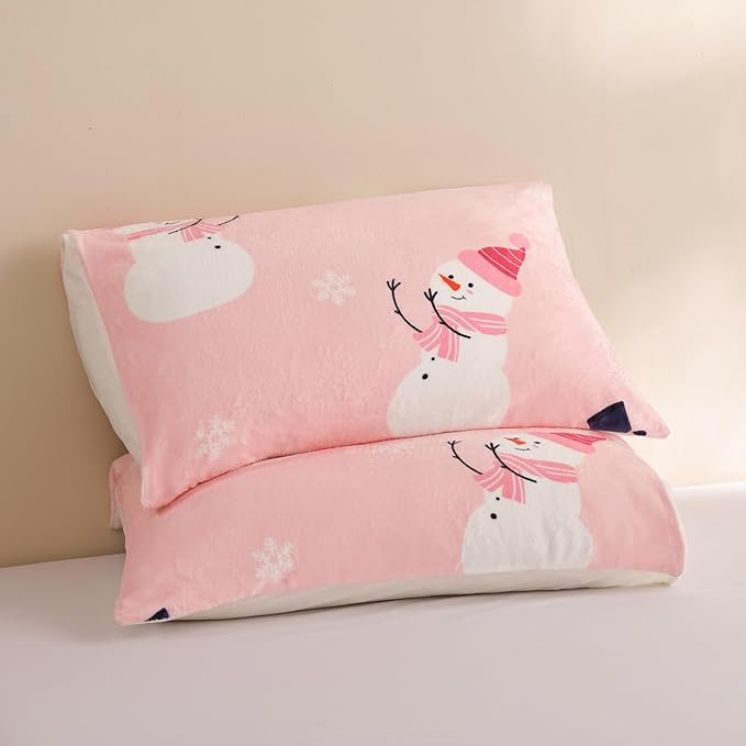 JANZAA Christmas Comforter Set Queen, Pink Flannel Comforter with Snowman Pattern, Soft Cozy Lightweight Bedding Set Fluffy Comforter Set 1 Queen Comforter(90"*90") and 2 Pillowcases (20"*26")