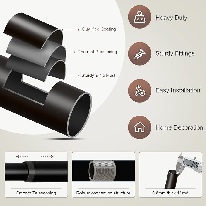 Modern Black Curtain Rods for Windows 28 to 48 Inches Adjustable Length Heavy Duty 1" Diameter Window Curtain Rod with Decorative Finials for Outdoor Bedroom Kitchen Living Room