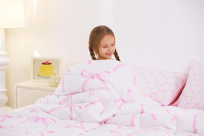 7 Pieces Cartoon Bowknot Kids Comforter Full,Pink Bow Tie Butterfly Knot Princess Bedding Set,Watercolor Bow Patchwork Pink White（Comforter+Fitted+Flat Sheet+2 Pillowcases+2 Throw Pillow Covers）