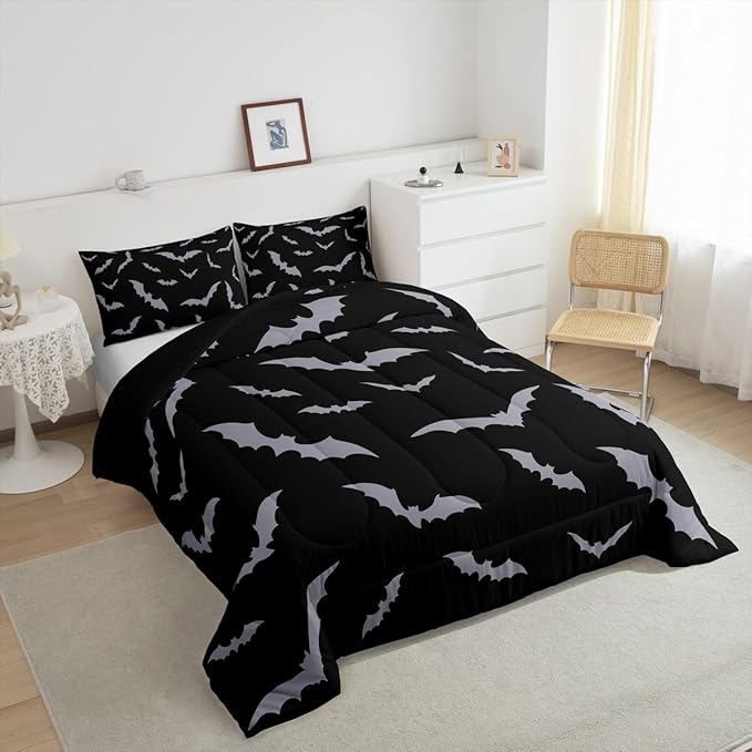 Erosebridal Happy Halloween Comforter Set for Kids Youth Grey Bats Bedding Set Gothic Spooky Quilt Twin Size Cartonn Bed Decorative Bedding Comforter Sets with 1 Pillow Case