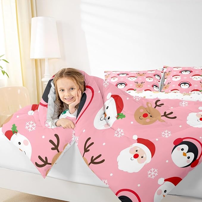 Feelyou Pink Christmas Comforter Set Twin Size Santa Claus Bedding Set for Kids Boys Girls Deer Penguin Duvet Quilt Snowman Bedroom Decor Microfiber 2 Pcs with 1 Pillow Cases