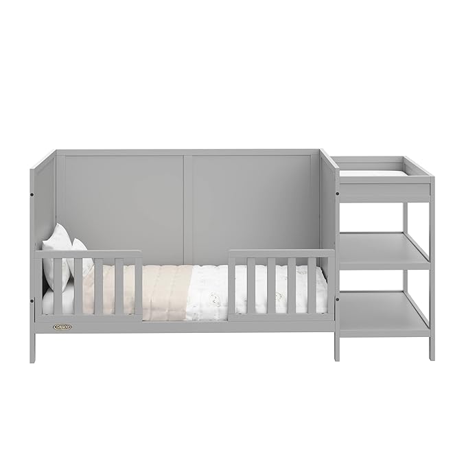 Graco Theo 5-in-1 Convertible Crib & Changer (Pebble Gray) GREENGUARD Gold Certified, Converts to Daybed, Toddler Bed, Full Size Bed, Fits Standard Full-Size Crib Mattress, Adjustable Mattress Height