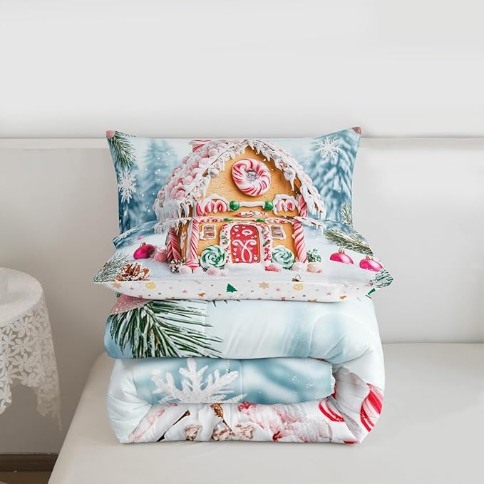 Feelyou Christmas Snowscape House Landscape Bedding Set Soft for Boys Girls,Gingerbread House Comforter Set Full Size Candy Canes Duvet Quilt Pine Branches Bedroom Decor 3 Pcs with 2 Pillow Cases