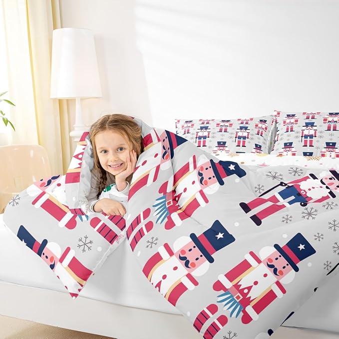 Feelyou Cute Nutcracker Comforter Set Full Size Christmas Ornaments Bedding Set for Kids Boys Girls Xmas Snowflake Duvet Quilt Soldier Bedroom Decor Kawaii Microfiber 3 Pcs with 2 Pillow Cases