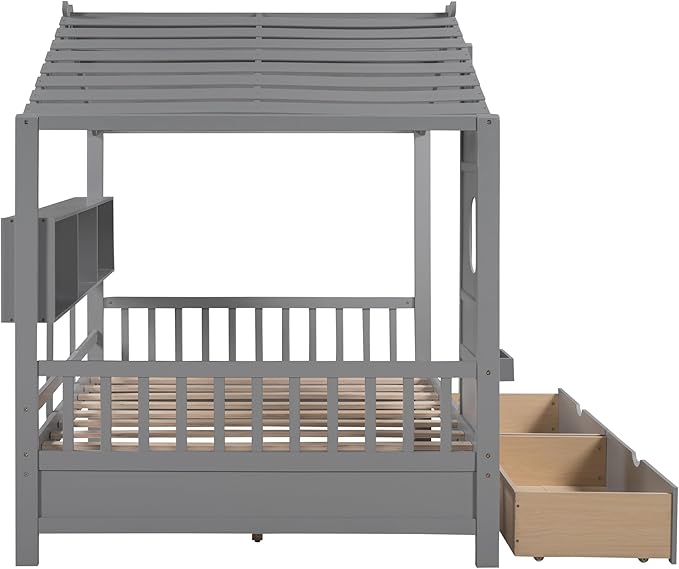 Modern Full Size House Bed with Roof and Window, Wooden Daybed Frame with Shelves and 2 Drawers,Bedroom Furniture for Girls & Boys (Gray+2 Drawers*)