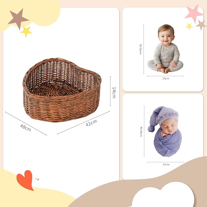 Kate Newborn Photography Props Brown Heart Shaped Rattan Basket Handcrafted Baby Basket Set for Baby Photography Photoshoot with White Pillow and Mat and Stretch Wrap