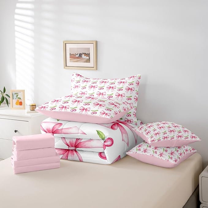 7 Pieces Pink Bowknot Kids Comforter Twin,Cherry Tropical Fruit Cartoon Bedding Set,Bow Tie Butterfly Knot Princess Dreamy Fashion（Comforter+Fitted+Flat Sheet+2 Pillowcases+2 Throw Pillow Covers）