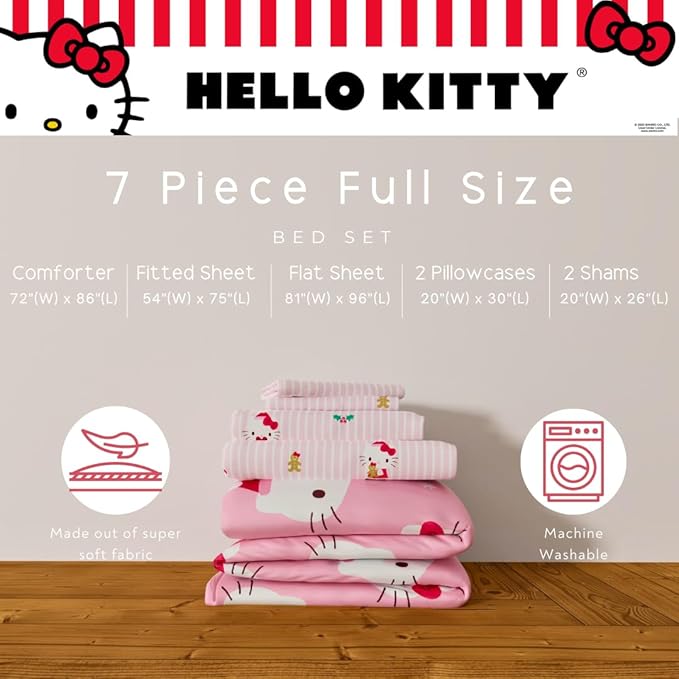Sanrio Hello Kitty Holiday & Christmas Bedding Soft Comforter and Sheet Set with Sham, 7 Piece Full Size (Officially Licensed Product) by Franco