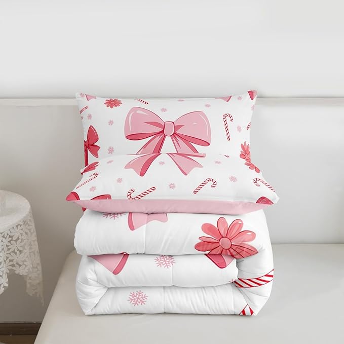 Feelyou Pink Bowknot Comforter Set All Season Christmas Candy Cane Snowflake Bedding Set with 1 Pillow Cases Cute Bow Microfiber Kids Toddler Bedclothes Dreamy Princess Style Bedroom Decor Duvet Quilt