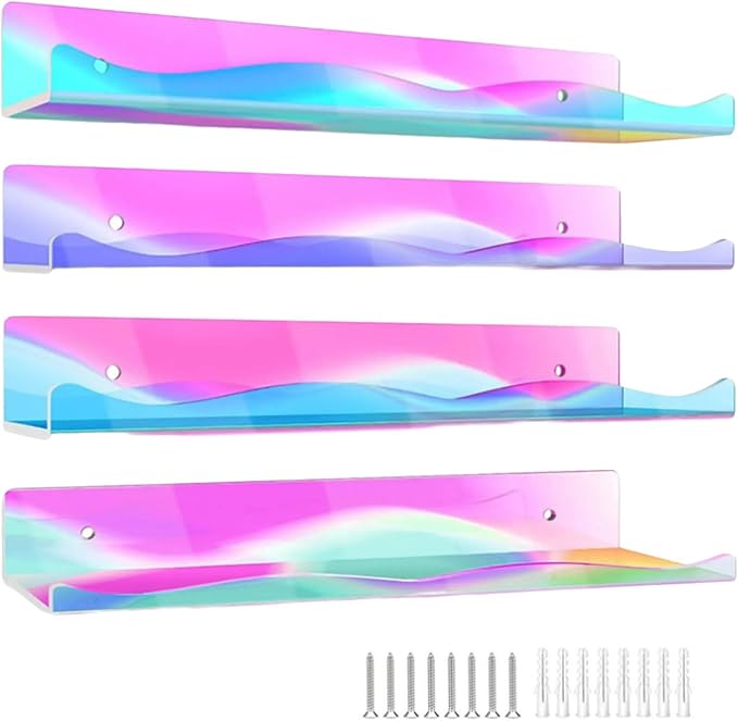 Set of 4 Modern Acrylic Floating Shelves with Rainbow Colorful Acrylic Wall for Books Toy Cosmetics Nursery Decorative Wall