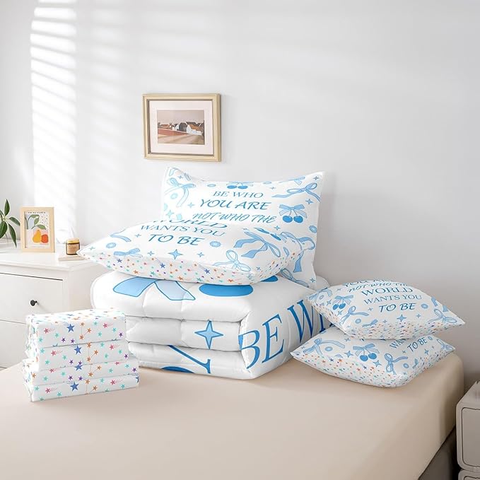 7 Pieces Blue Bowknot Kids Comforter Set Twin,Cherry Tropical Fruit Cartoon Princess Bedding Set,Bow Tie Stars Daisy Cute Blue Dreamy（Comforter+Fitted+Flat Sheet+2 Pillowcases+2 Throw Pillow Covers）