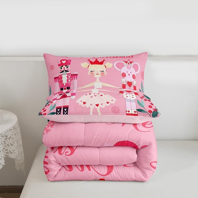 Feelyou Pink Christmas Comforter Set All Season Nutcracker Bedding Set with 2 Pillow Cases Mouse King Microfiber Kids Queen Bedclothes Royal Guarder Ballet Princess Bedroom Decor Duvet Quilt Soft