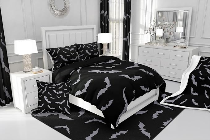Erosebridal Happy Halloween Comforter Set for Kids Youth Grey Bats Bedding Set Gothic Spooky Quilt Twin Size Cartonn Bed Decorative Bedding Comforter Sets with 1 Pillow Case