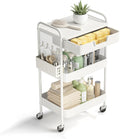 3 Tier Rolling Cart with Drawer, Metal Rolling Utility Cart on Wheels with Pegboard, Art Cart Storage Organizer with Tabletop for Living Room, Office, Bedroom (White)