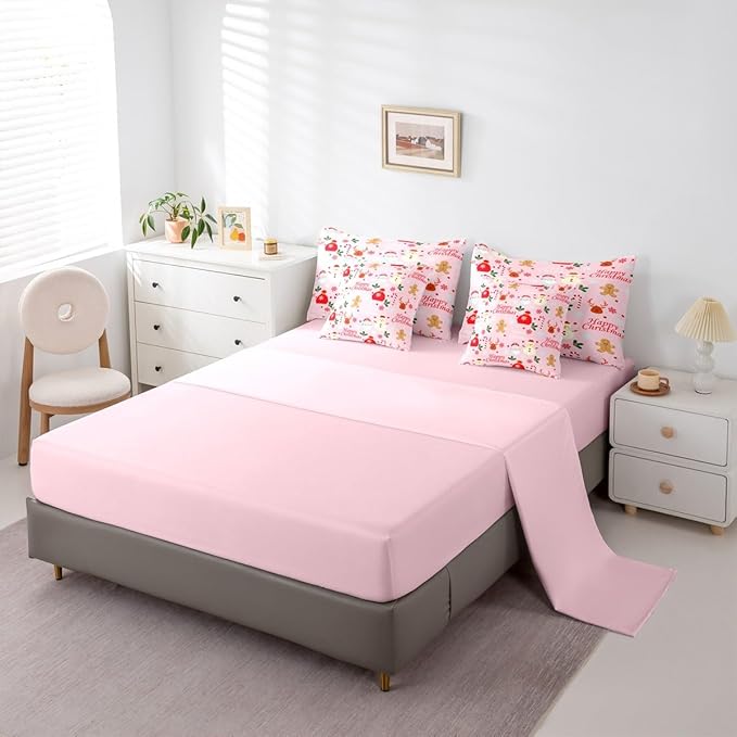 Christmas Deer Queen Comforter Set with Sheets for Kids Boys Girls Cute Gingerbread Man 7 Pieces Bedding Set Christmas Santa Claus Bed in a Bag Reversible Pink Decor Room Decor Soft Lightweight