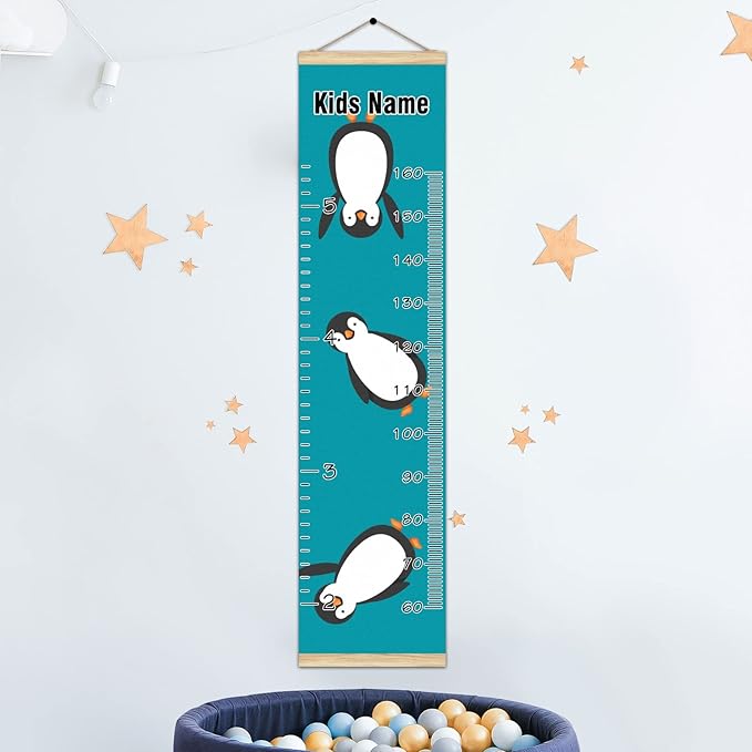 Personalized Kids Name Growth Chart Ruler for Wall Wood Frame Height Measure Chart 13.4x56 in Linen Hanging Height Growth Chart Penguin Blue Kids Room Decor