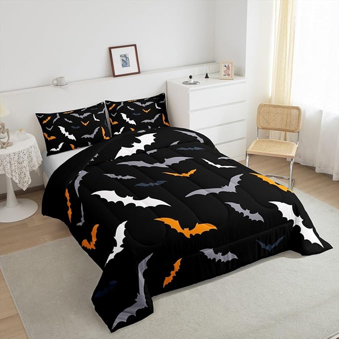 Erosebridal Gothic Halloween Decor Comforter Set King Size for Kids Boys Girls - Bats Animal Silhouette Bedding Set with 2 Pillow Cases, Orange and Grey Duvet Insert