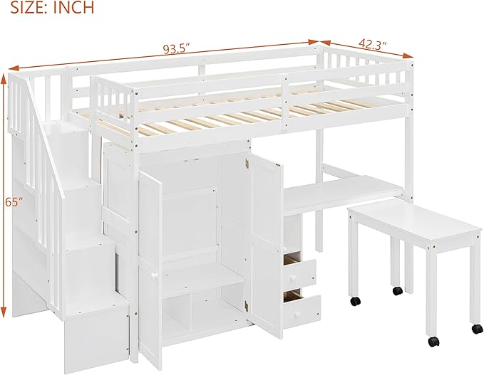 Merax Kids Twin Multifunction Loft Bed with Desk/Wardrobe, Wood Storage Loft Bed with Staircase, Bookshelf & Drawers, No Box Spring Needed, Space Saving, White