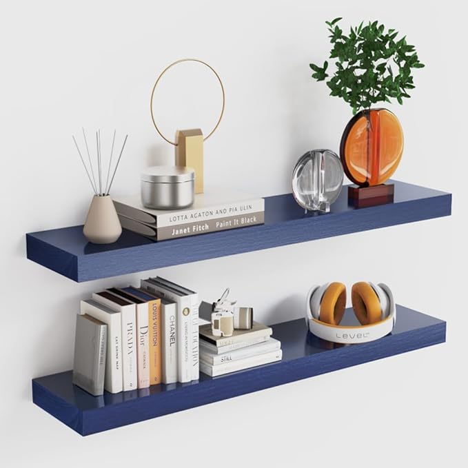 Habudda Floating Shelves, Bathroom Wall Shelf for Home Decor, 30 Inch Natural Wood Rustic Shelving, Hanging Mounted Invisible Bracket, Set of 2 Navy Blue
