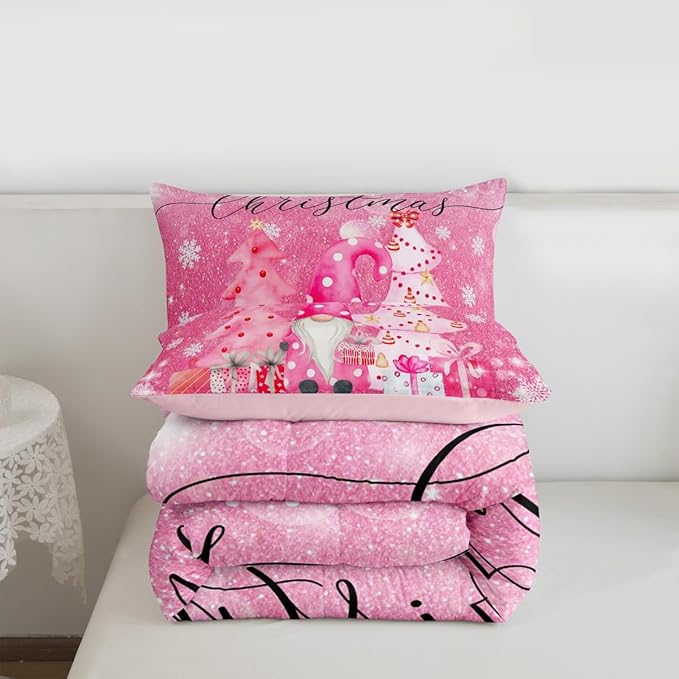 Castle Fairy Girly Christmas Full Size Comforter Set,Pink Gnome Xmas Pine Trees Gift Bedding Comforters Bedroom Collection,Snowflake Stars Glitter Sparkling Bedding Set for Girls Teens