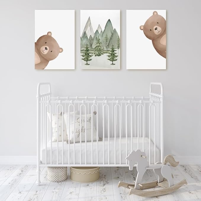 Peeking Bear Nursery Wall Decor, Woodland Nursery Nature Print, Neutral Baby Animals Wall Art for Kid Bedroom, Forest Mountain Wall Art for Baby Boy Girl Bedroom, Framed Canvas, 16"x24"x3