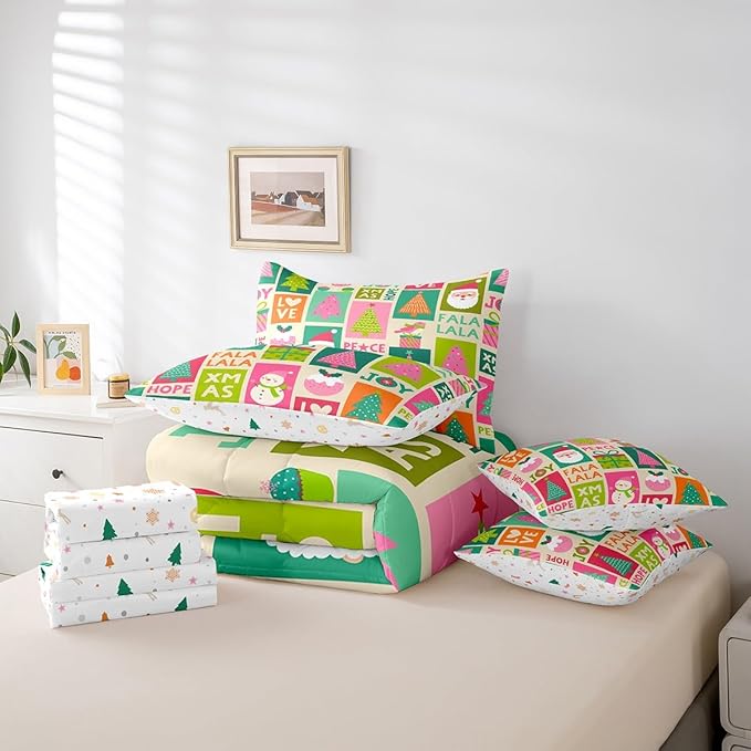 Feelyou Christmas Bed Set Snowman Christmas Tree Print Kawaii Comforter Set with Sheets Xmas Santa Claus Bed in a Bag for Kids Girls New Year Theme Bedding Set Bedroom Collection King Size