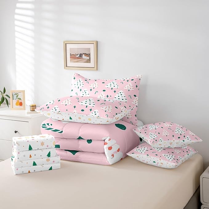 Feelyou Christmas Girly Comforter Set with Sheets Kids Christmas Tree Bedding Set Boys Girls Snowflake Candy Decor Bed in a Bag Xmas Theme Pink Bed Set Bedroom King Size