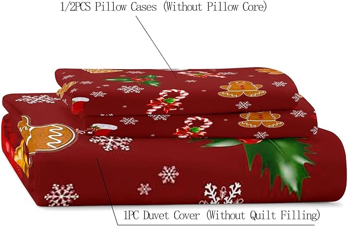 LUVIVIHOME 3PCS Christmas Duvet Cover Full Bedding Set, Red Duvet Cover, Boys Girls Kids Bedding, Cute Gingerbread Snowflake Holiday New Year Xmas Gifts Christmas Comforter Quilt Cover, 2 Pillow Cases