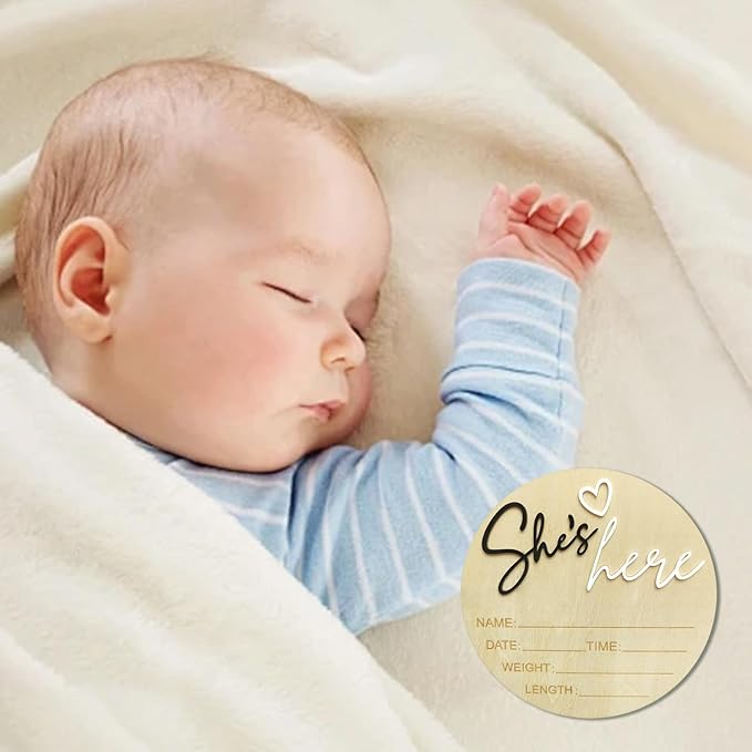 Baby Announcement Sign, 5.9 Inch Wooden Hello World Newborn Signs, Birth Announcement Sign, Gender Reveal Signs, She's here Decoration, Welcome Newborn Arrival To World, Hospital Nursery for Baby (Black She's)