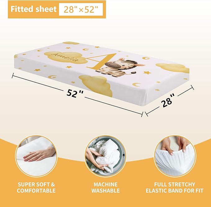 Personalized Baby Crib Bedding Set, 5 Pcs Custom Name Nursery Bedding Set, Yellow Zebra Baby Bedding Set for Girls Boys, Double Layer Crib Sets, Customized Gifts for Toddler Infant New Parents