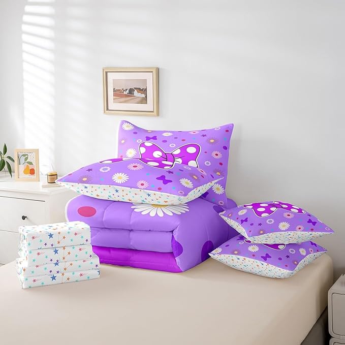 7 Pieces Purple Bowknot Kids Comforter Set King,Star Daisy Floral Geometric Dots Patch Bedding Set,Bow Tie Princess Cute Romantic（Comforter+Fitted+Flat Sheet+2 Pillowcases+2 Throw Pillow Covers）