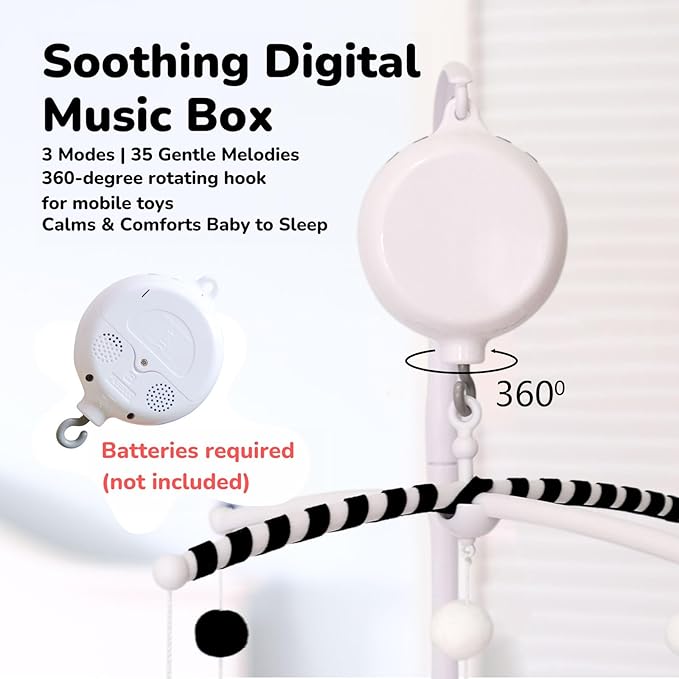 Baby Mobile Motor, Music Box for Crib Mobile, 3 Modes (Music Only, Spin Only, Both), Adjustable Volume, Auto Off 30 Minutes, Crib Mobile Spinner for Baby Nursery