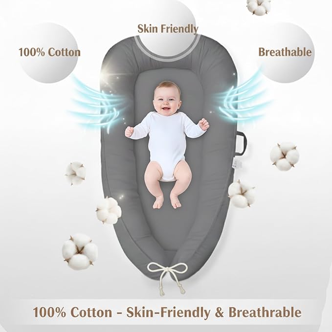 Baby Lounger – Infant Lounger for Newborn 0–24 Months, Baby Nest Lounger, Portable Newborn Lounger, Soft Breathable Cotton, Essentials for Babies at Home and Travel, Grey Solid