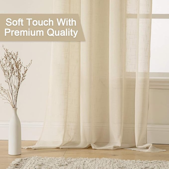 MIULEE Natural Light Beige Linen Semi Sheer Window Curtains - Elegant Solid Drapes Grommet Top - Voile Panels Linen Textured Panels for Bedroom Living Room (52" W x 84" L)