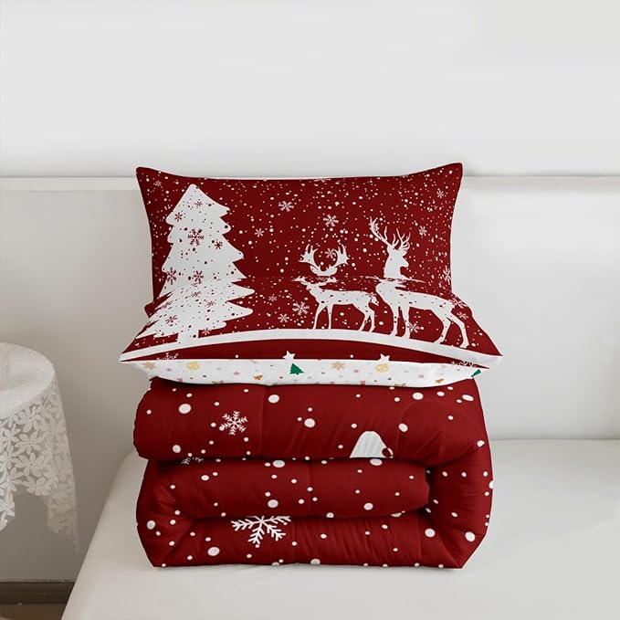 Merry Christmas Kids Comforter Set King Size,Deer Elk Pine Trees Bedding,Girls Boys Adults Bedroom/Xmas Cabin Decor,Snowflake Romantic Down Comforter,Rustic New Year Red Duvet Insert,2 Pillowcases