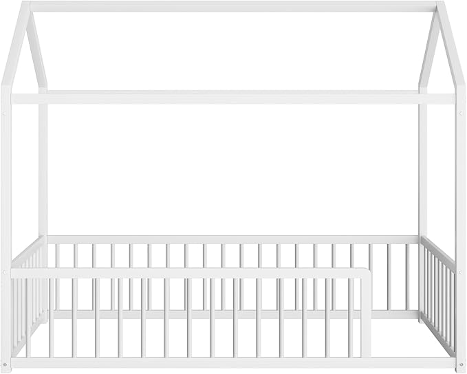 House Shape Twin Size Montessori House Bed Metal Floor Bed Twin Bedframe for Kids No Box Spring Needed, White
