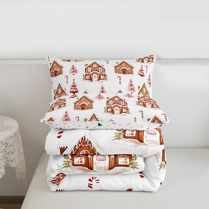 Feelyou Merry Christmas Comforter Set Queen Size Gingerbread House Bedding Set for Kids Boys Girls Xmas Tree Duvet Quilt Candy Cane Bedroom Decor Microfiber 3 Pcs with 2 Pillow Cases