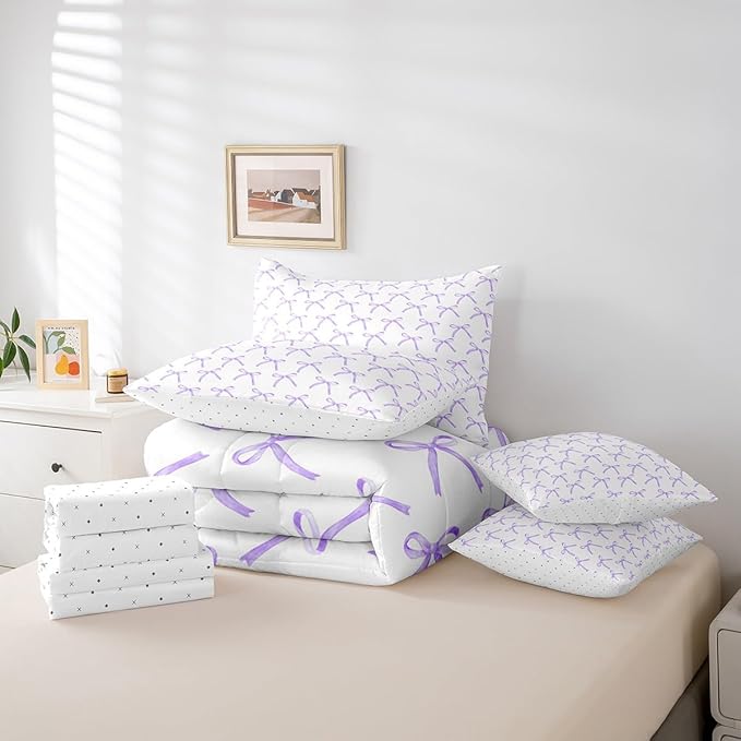 Manfei 7 Pieces Cartoon Bowknot Kids Comforter Full Size,Bow Tie Knot Princess Girls Bedding Set,Cute Bow Sketch Geometric Purple Romantic（Comforter+Fitted+Flat+2 Pillowcases+2 Throw Pillow Covers）