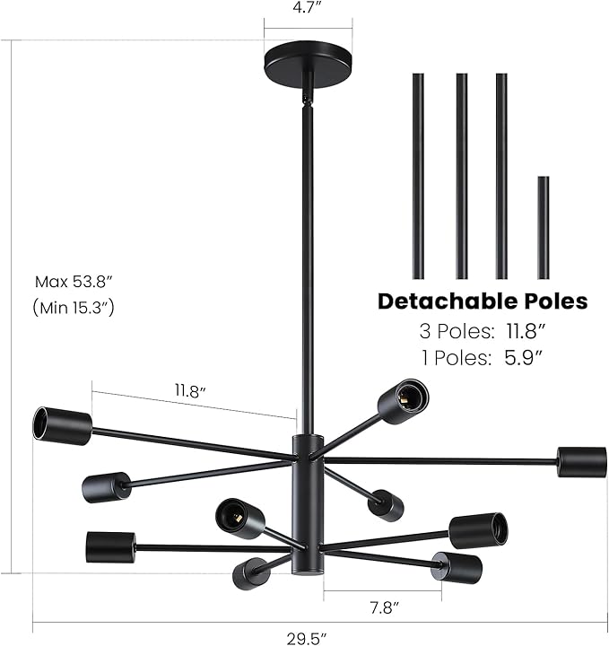 Modern Sputnik Chandeliers Light, 10-Light Black Chandeliers for Dining Room, E26 Height Adjustable Chandelier Ceiling Lighting Fixture for Farmhouse Kitchen Island Living Room Foyer
