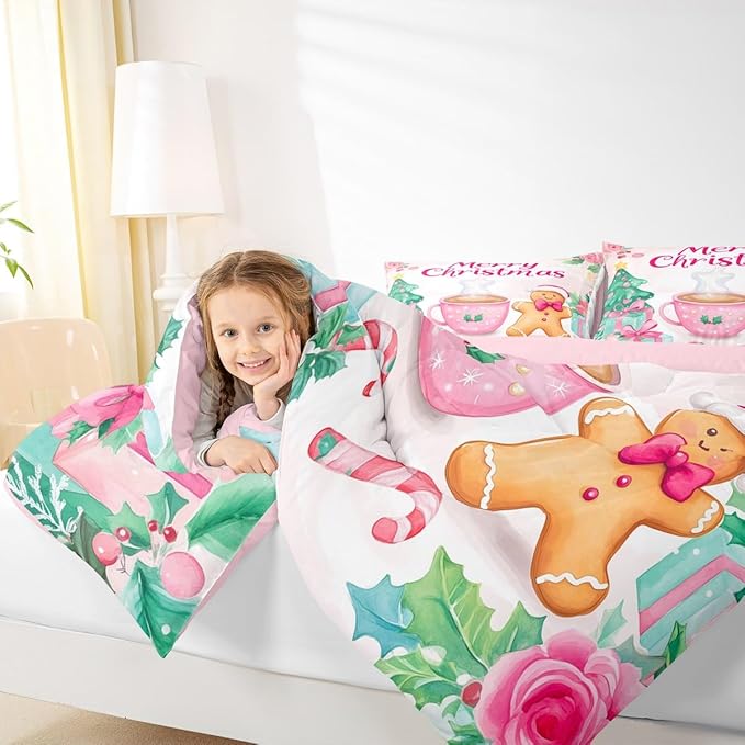 Feelyou Merry Christmas Bedding Set Soft for Boys Girls, Christmas Decor Comforter Set Toddler Size Gingerbread Man Duvet Quilt Microfiber Xmas Bedroom Decor 2 Pcs with 1 Pillow Cases