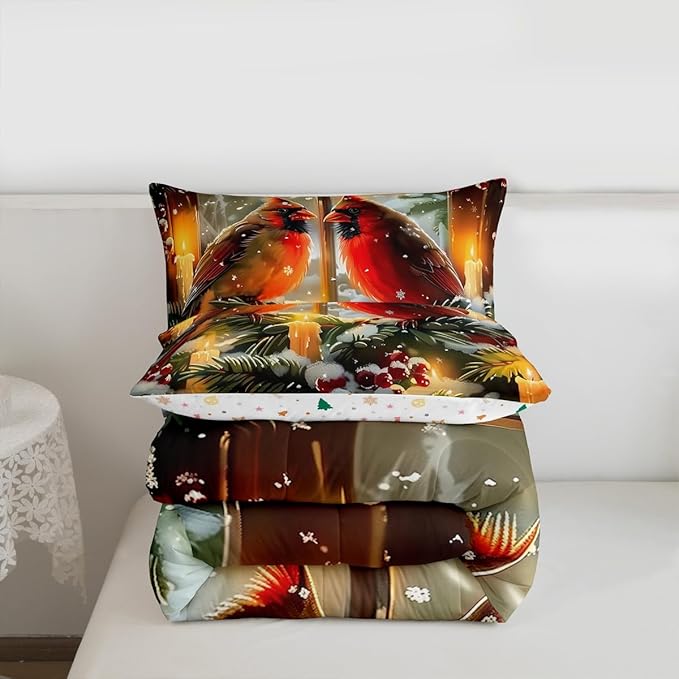 Feelyou Merry Christmas Kids Comforter Set Full Size Cardinal Bedding Set Winter Bird Duvet Quilt for Kids Boys Girls Bedroom Red Berries Decor Microfiber Ultra Soft Breathable