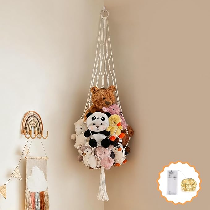 Stuffed Animal Hammock Corner Net Plushies Storage Hammock for Stuffed Animals Boho Room Decor Macrame Wall Decor with LED Light