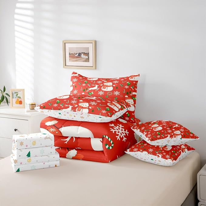 Red Christmas Comforter Set With Sheets 7 Piece Queen Size Cartoon Deer Snowman Bed in a Bag Kids Boys Girls New Year Red Bedding Set Reversible Xmas Decor Bedroom Decor Breathable Soft Lightweight