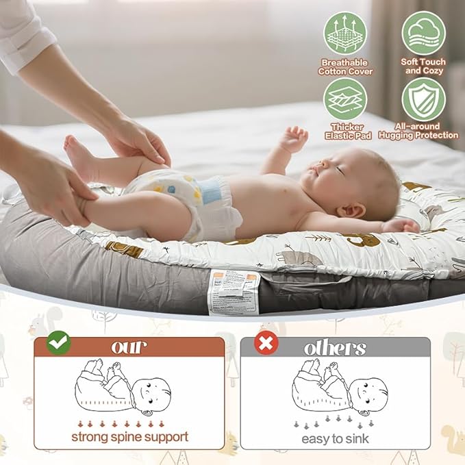 JIFTOK Baby Nests Lounger for Newborn, Snuggle Bassinet for 0-24M, Breathable Portable Co Bed, Baby Essentials Adjustable Infant Soft Cotton Loungers for Home & Travel -Elephant