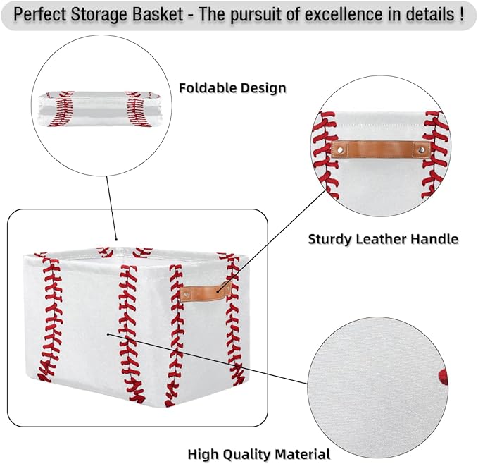 Baseball Storage Basket for Shelves, Storage Bins with Handles, Collapsible Basket for Organizing, Closet Toy Baskets for Nursery Room, 15x11x9.5 in, Canvas, Sports Baseball Stitches Lace