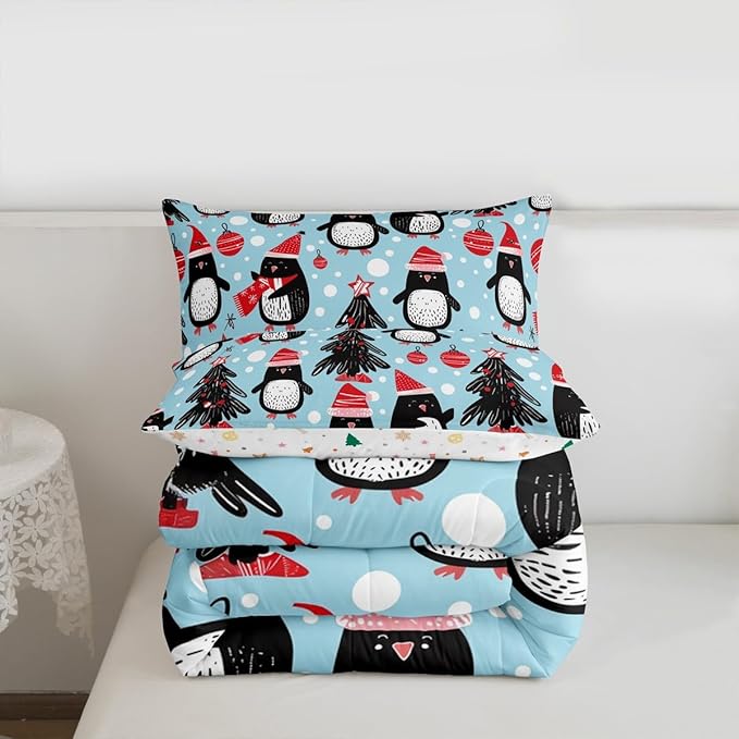 Feelyou Christmas Comforter Set All Season Penguin Bedding Set with 1 Pillow Cases Xmas Tree Microfiber Kids Twin Bedclothes Christmas Balls Bedroom Decor Duvet Quilt Breathable Soft Lightweight