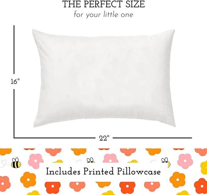 Little Sleepy Head Youth Pillow with Pillowcase 16x22, Soft Jumbo Toddler Pillows, Hypoallergenic Pillow Case - Best Kids Pillows for Sleeping, Perfect Kids Travel Pillows (Bee Happy)