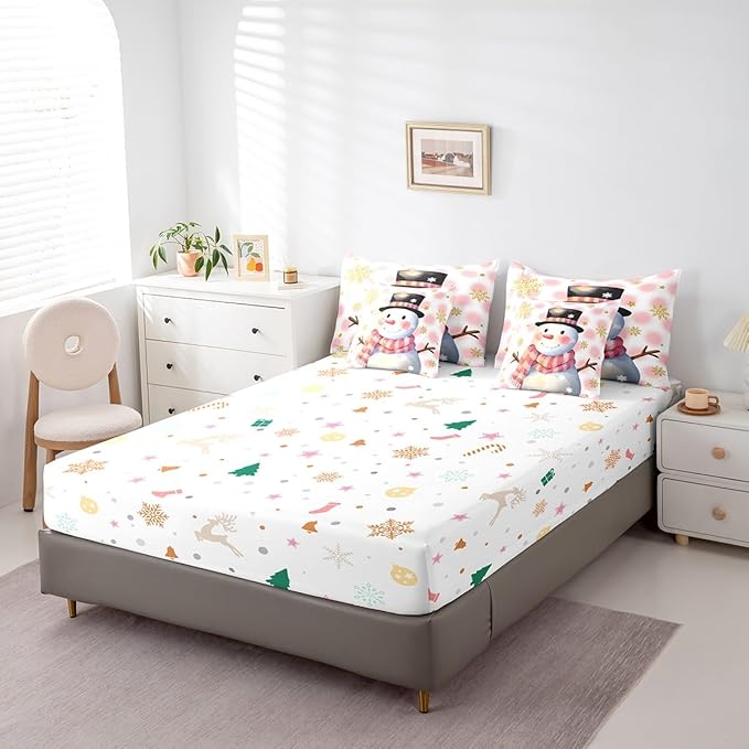 Feelyou Kids Merry Christmas Decorations King Size Bed Set Xmas Snowman Bed in a Bag Pink Bedding Set Soft Warm Lightweight Comforter Set with Sheets
